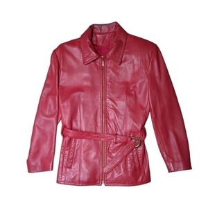 Di Capra International Vintage Red Soft Leather Belted Jacket Small Petite